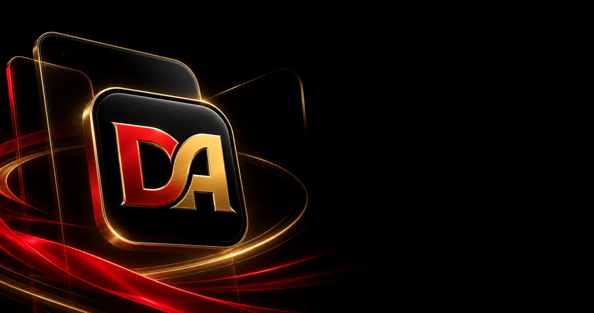 DAMAC red and gold DA app icon in a premium dark Android download visual