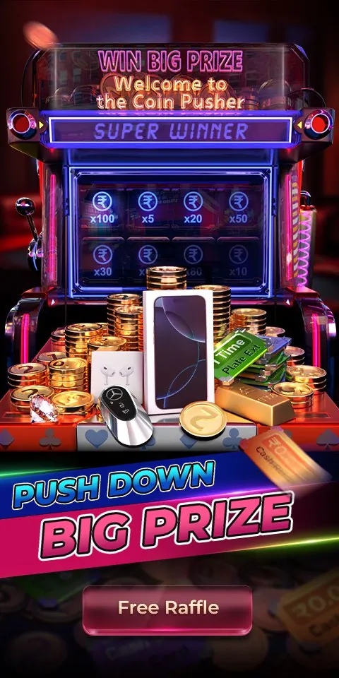 Coin pusher big-prize promotion with a phone, coins and gifts