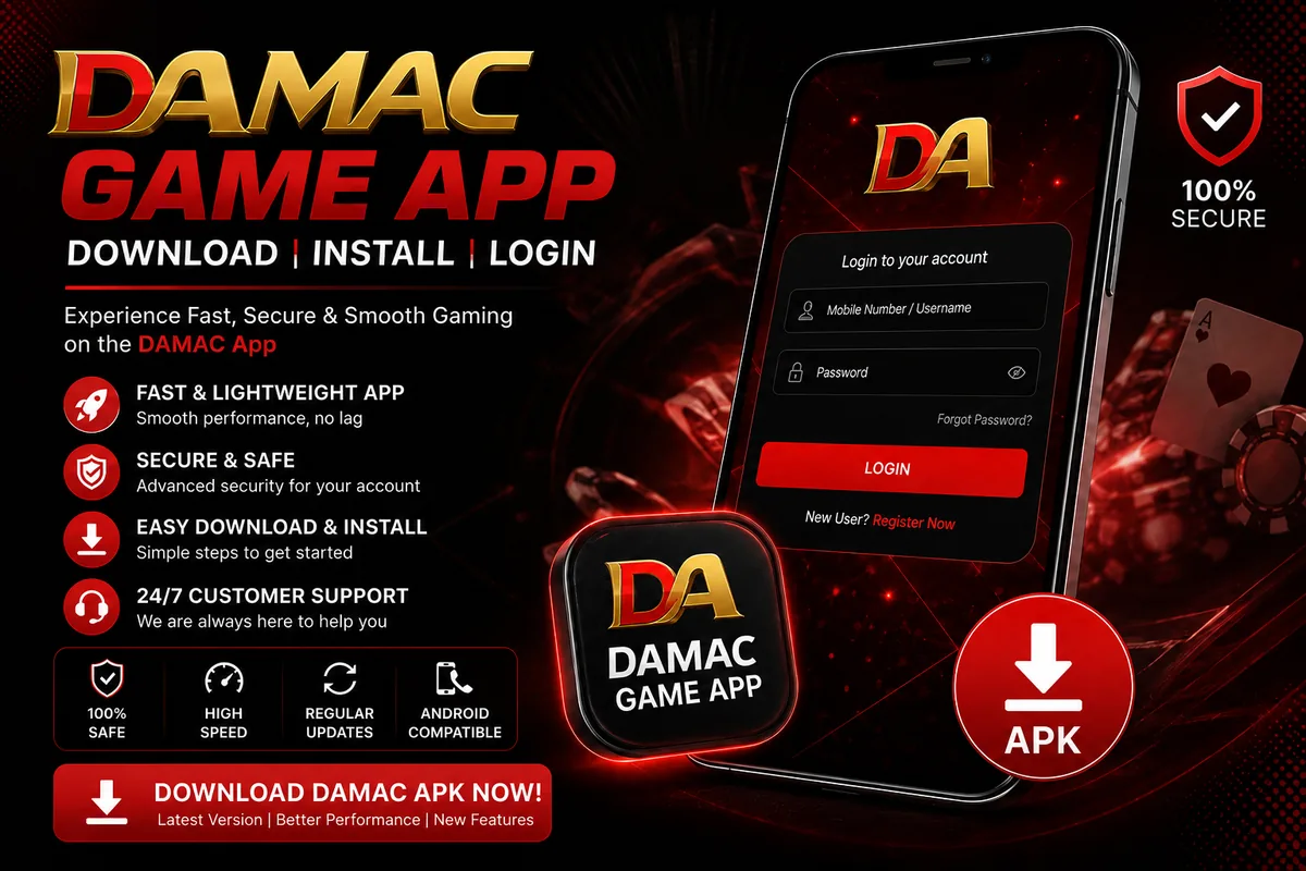 DAMAC game app download poster with Android login phone, DA app icon and APK download button