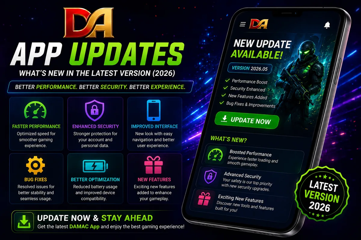 DAMAC app updates poster with Android phone, version 2026.05 and update feature panels