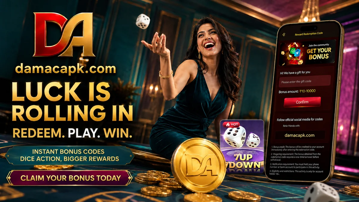 DAMAC Game poster with a woman tossing a die and a reward-code phone screen