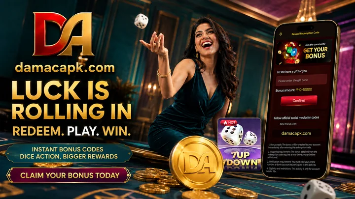 DAMAC Game poster with a woman tossing a die and a reward-code phone screen