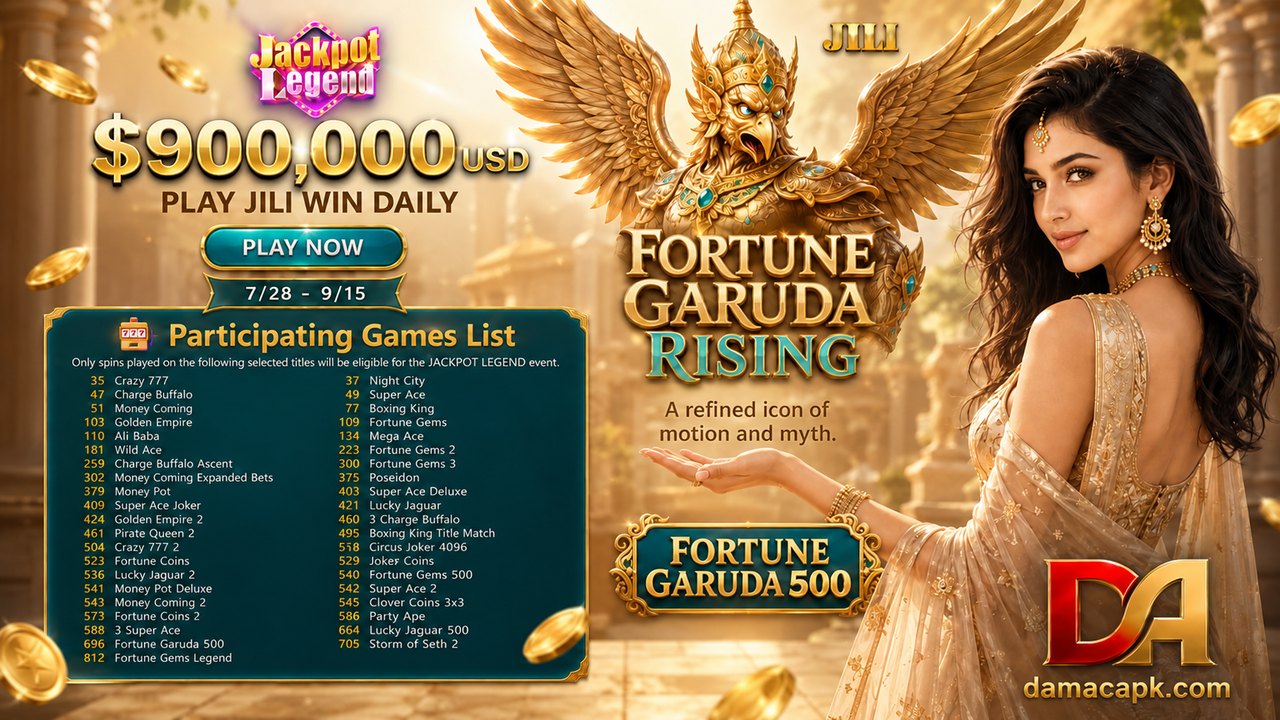 DAMAC Game Jackpot Legend poster featuring JILI Fortune Garuda and participating game artwork